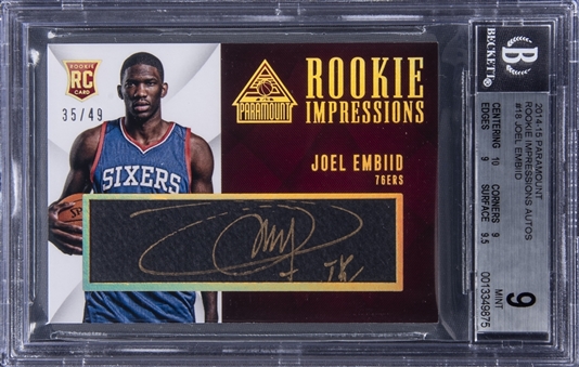 2014-15 Panini Paramount "Rookie Impressions Autographs" Gold Ink #18 Joel Embiid Signed Rookie Card (#35/49) - BGS MINT 9/BGS 8